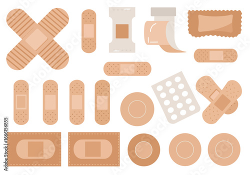 Collection of assorted bandage types and sizes in various neutral colors