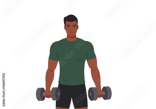 Fit man holds dumbbells in both hands wearing workout clothes against a white backdrop