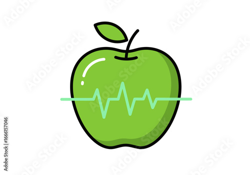 Green apple with a black outline a leaf on top and a light green electrocardiogram running across it