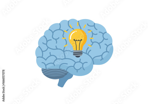 Illustration of a light blue brain with a lit yellow light bulb in the center