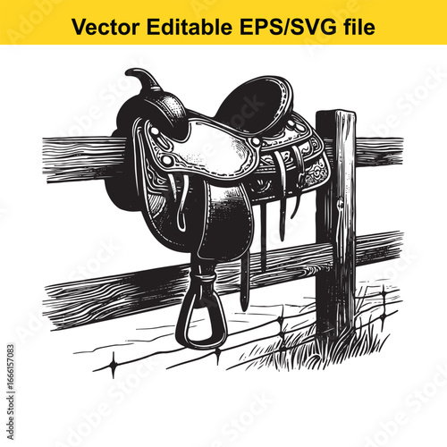 Western cowboy saddle on a wooden fence post with barbed wire and grass