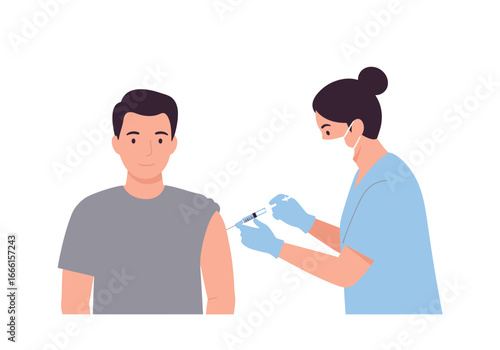 Man receiving a vaccine from a medical professional wearing a mask