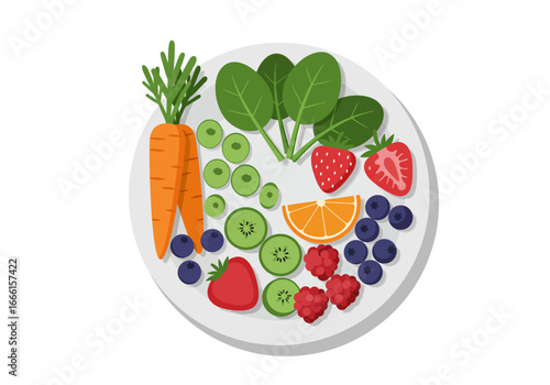 Plate filled with assorted fruits and vegetables carrots spinach berries kiwi orange