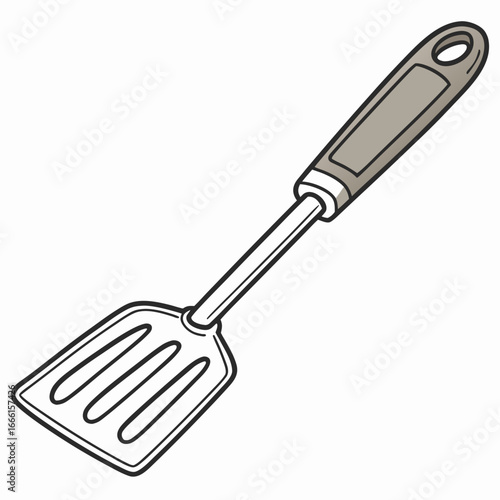 A simple cartoon illustration of a slotted metal spatula with a gray handle on a white background
