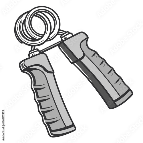 A simple illustration of a grey hand grip strengthener with a coiled spring and ergonomic handles