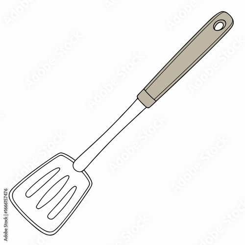 A simple illustration of a slotted spatula with a beige handle and a hole for hanging on a white background
