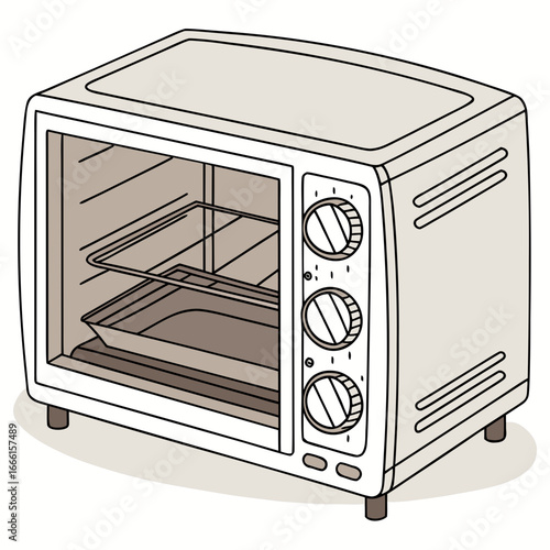 A simple illustration of a white countertop toaster oven with a rack and baking tray inside