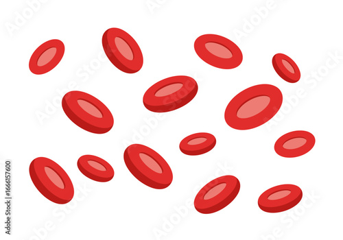 Red discshaped cells with lighter centers scattered on a white background