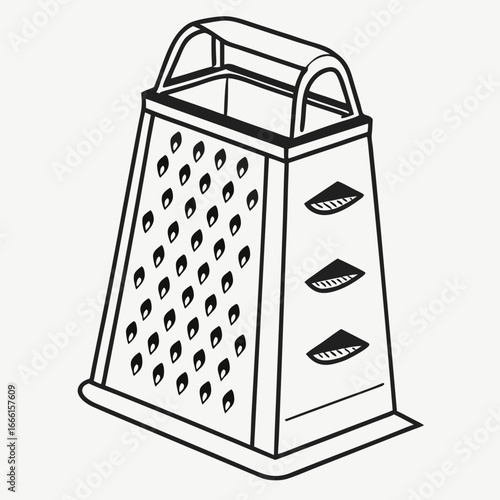 Black and white line drawing of a classic four sided box grater with a handle