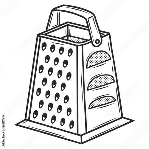 Black and white line drawing illustration of a classic four sided box grater kitchen tool