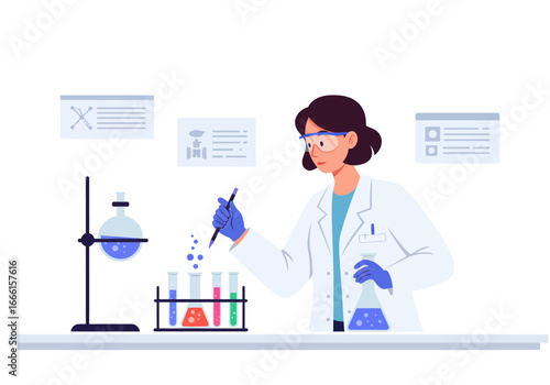 Scientist in lab coat safety goggles adds liquid to test tubes