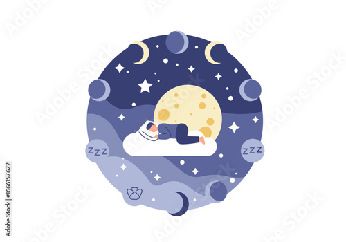 Sleeping person on a cloud with moon phases and stars around