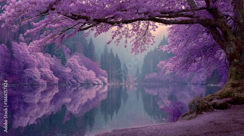 Serene lake reflecting pastel purple blossoms and misty hills
