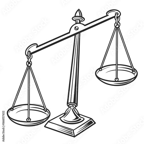 Classic black and white illustration of a balanced scale of justice with two empty pans
