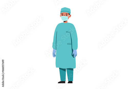 Surgeon in scrubs mask gloves  cap facing forward