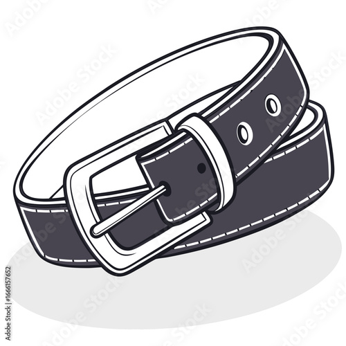 Classic dark leather belt with silver buckle and stitching detail isolated on white