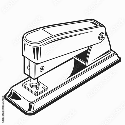 Classic black and white illustration of a modern office stapler isolated on a white background