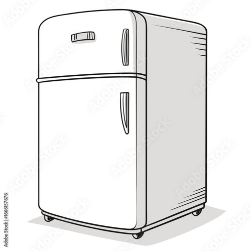 Classic retro refrigerator with freezer compartment and silver handles on a white background