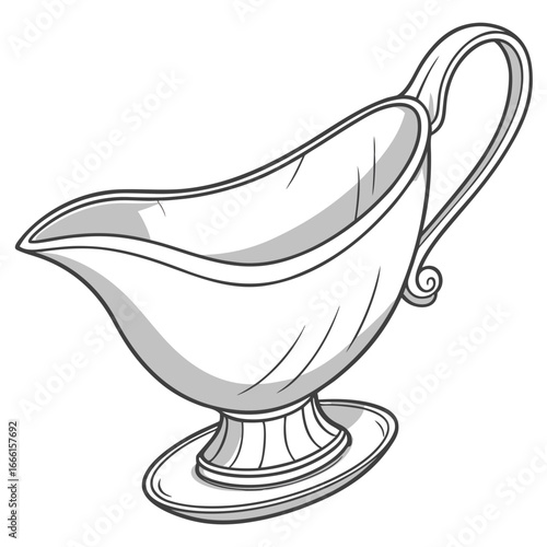 Classic silver gravy boat with a handle and saucer for serving sauces and gravies