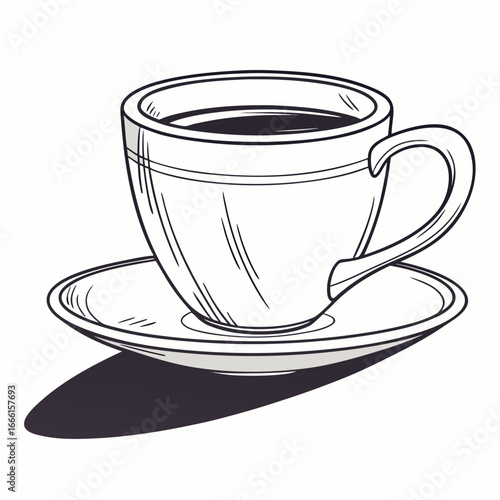 Classic hand drawn sketch of a steaming cup of coffee on a saucer with a dark shadow