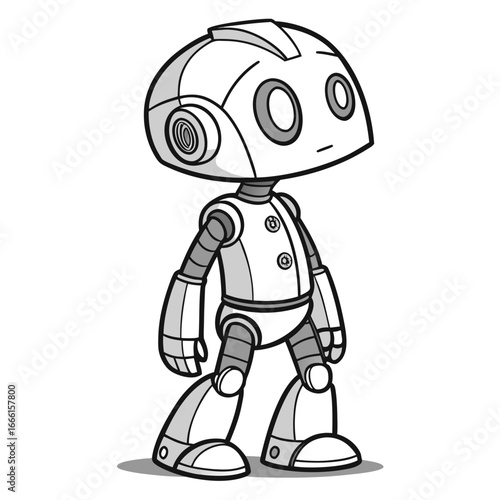 Cute cartoon robot character with a friendly and curious expression standing on a white background