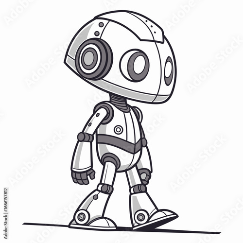 Cute cartoon robot character with big eyes walking forward on a white background