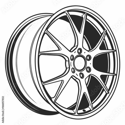 Detailed illustration of a modern alloy car wheel with a complex spoke design on a white background