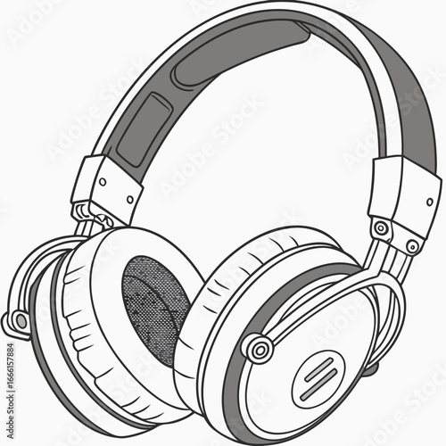 Detailed line drawing illustration of modern over ear headphones with padded earcups and adjustable headband