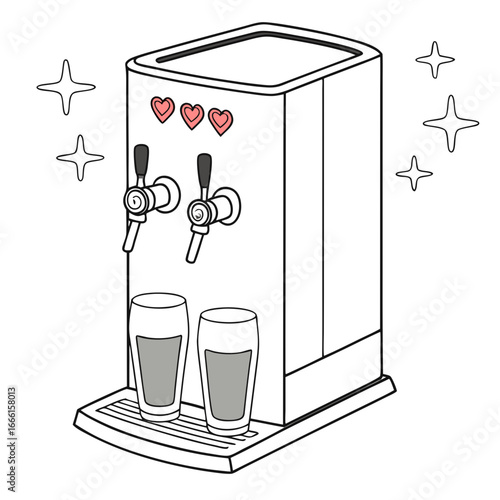 Fun cartoon illustration of a double tap beverage dispenser with two glasses and decorative hearts and sparkles