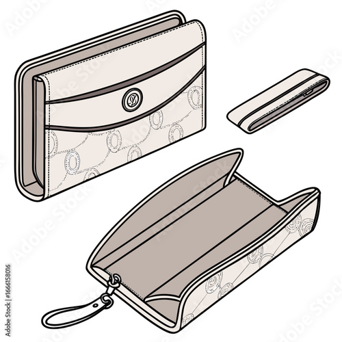 Fashionable beige clutch bag with circular pattern and detachable wrist strap shown open and closed