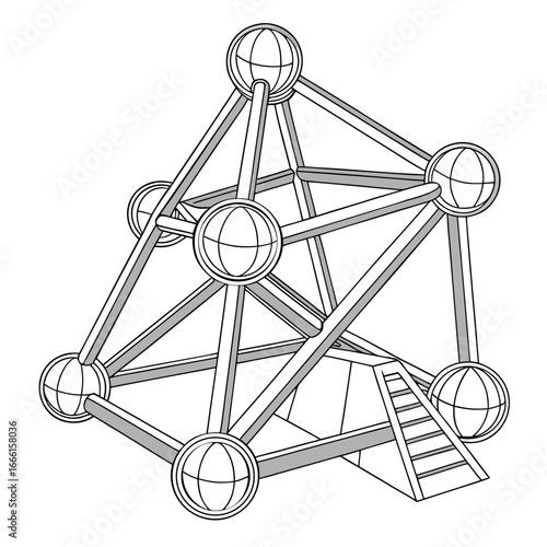 Geometric structure with interconnected spheres and a pyramid representing complex systems and interconnectedness