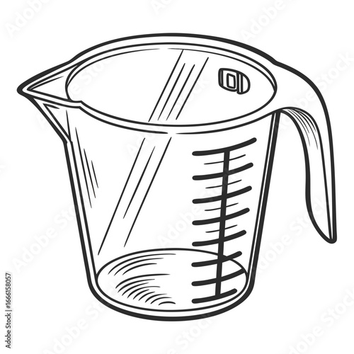 Hand drawn sketch of a clear plastic measuring cup with a handle and volume markings