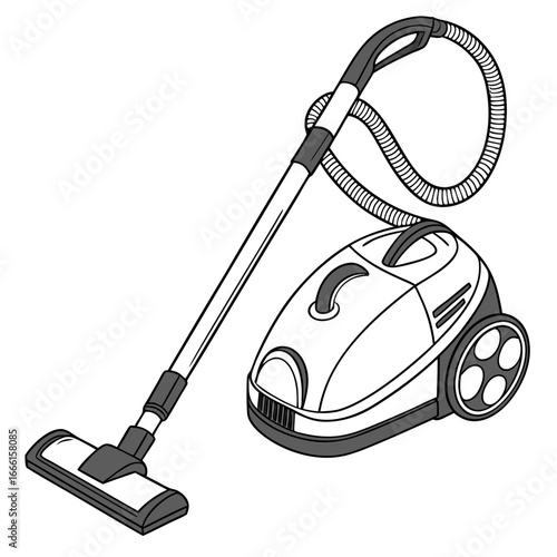 Illustration of a modern canister vacuum cleaner with a long hose and cleaning head on a white background