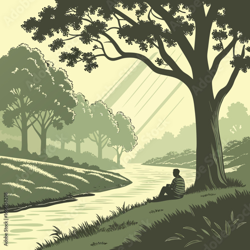Man sitting alone under a large tree by a river enjoying the peaceful morning sunlight