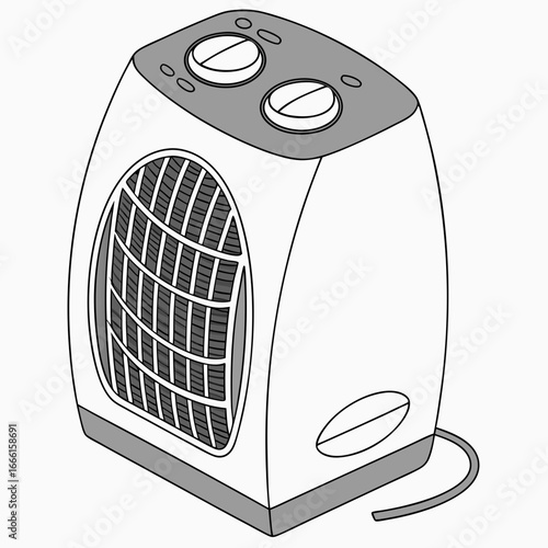 Modern white and gray portable electric fan heater with two control knobs and a power cord
