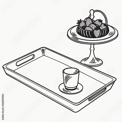 Simple black and white line drawing of a serving tray with a small cup and saucer and a fruit basket on a pedestal
