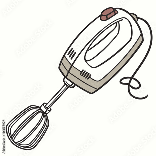Simple illustration of a white electric hand mixer with a brown button and a black cord on a white background