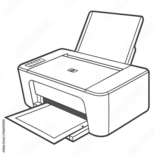 Simple line art illustration of a modern inkjet printer with scanner and paper output tray