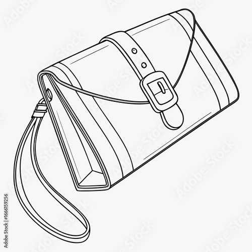 Stylish black and white line drawing of a modern clutch purse with a buckle and wrist strap