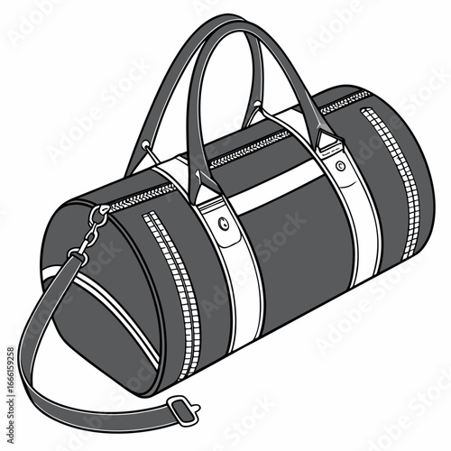 Stylish modern duffel bag with shoulder strap and handles clean vector illustration on white background