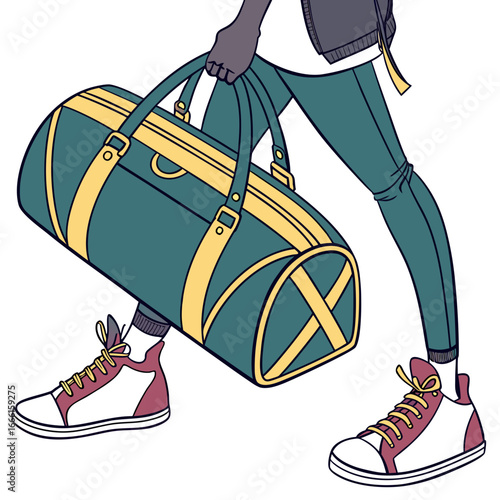Stylish person walking with a teal and yellow duffel bag and high top sneakers