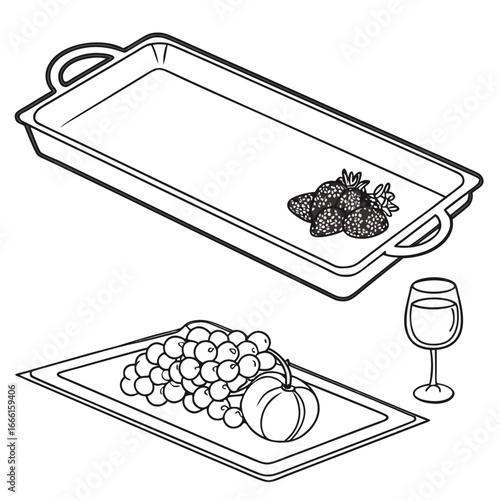 Stylized isometric illustration of a serving tray with strawberries grapes a plum and a glass of wine