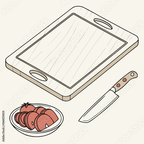 Wooden cutting board with sliced tomatoes and a chef s knife ready for preparation