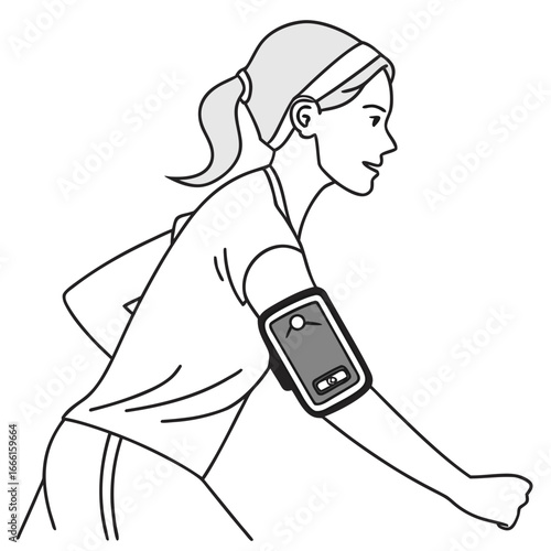 Woman with ponytail and headband running with a smartphone armband on her arm