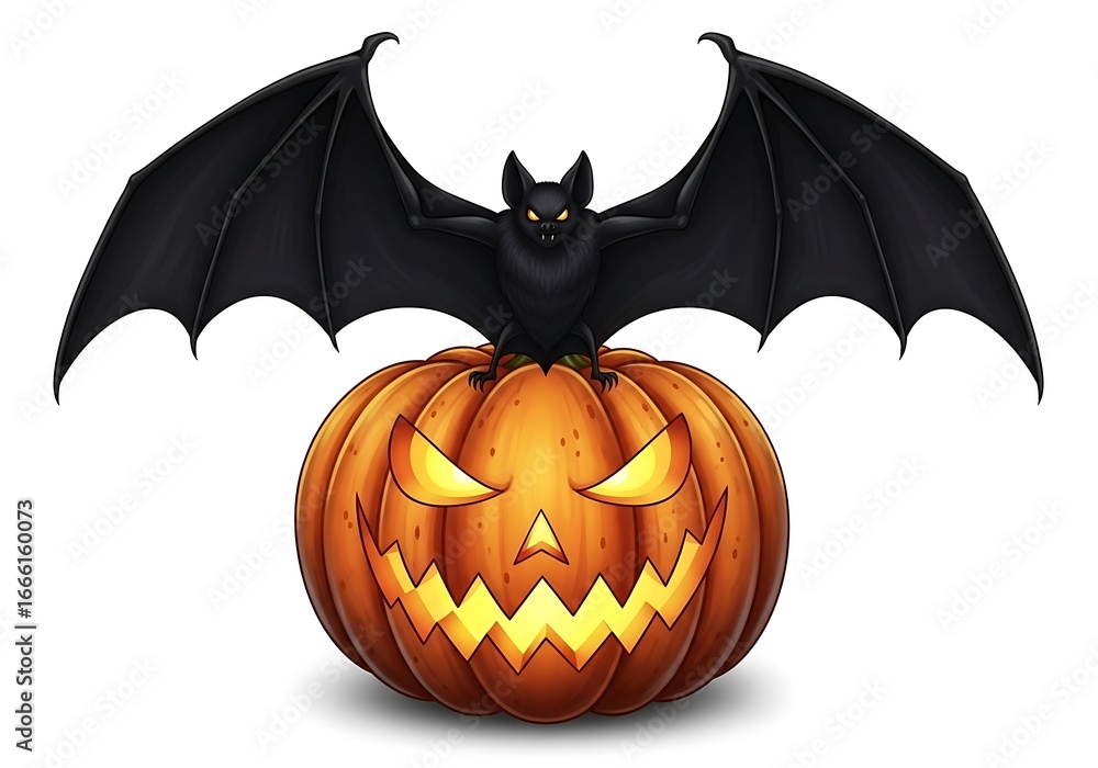 Naklejka premium Spooky halloween jack o lantern with bat perched on top against a white background