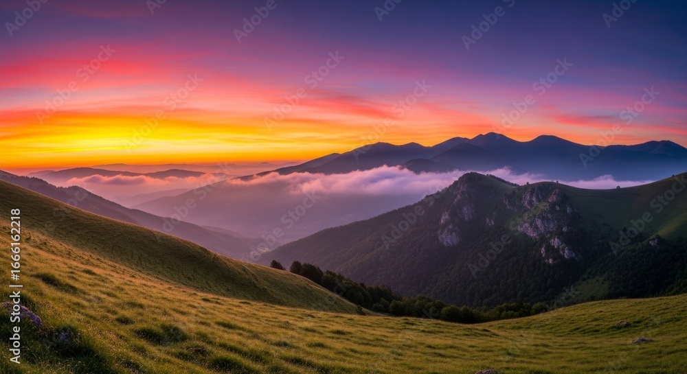 Fototapeta premium Breathtaking sunrise over mountainous landscape with rolling hills and mist