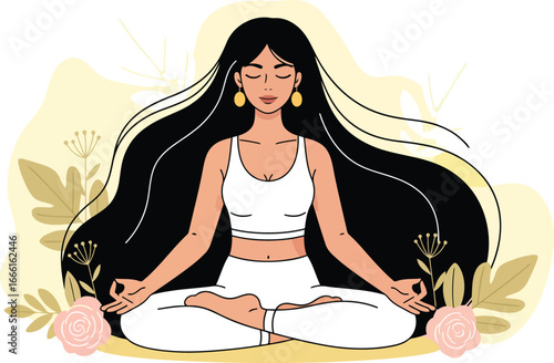 Serene woman meditates in lotus position finding inner peace and balance with mindful wellness