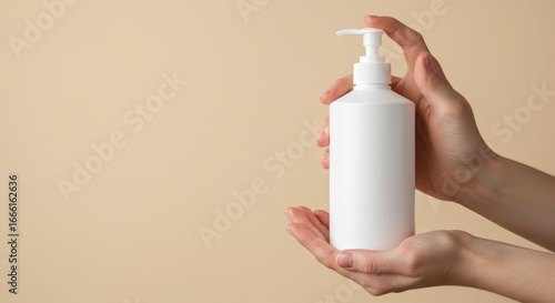 Hands holding a white pump bottle against a beige background