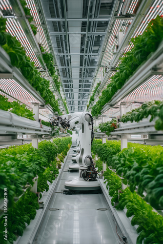 Advanced robotic arms manage rows of leafy greens under LED lights in a high-tech vertical farm, symbolizing future agriculture innovation.
