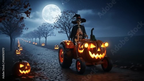 Skeleton tractor halloween night